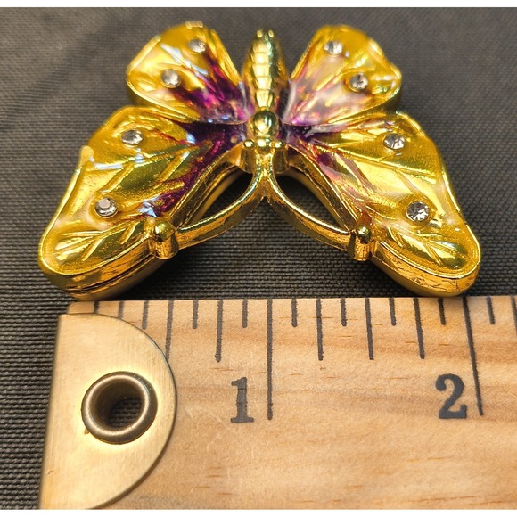 Vintage Butterfly Trinket Pill Box Gold Tone‎ Enamel Rhinestone Hinged - Picture 5 of 7